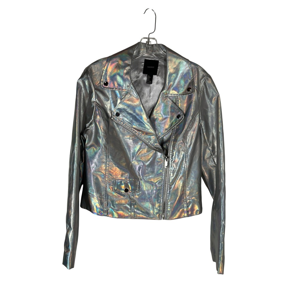 Forever 21 Silver Holographic Moto Jacket Iridescent‎ Metallic Festival Large